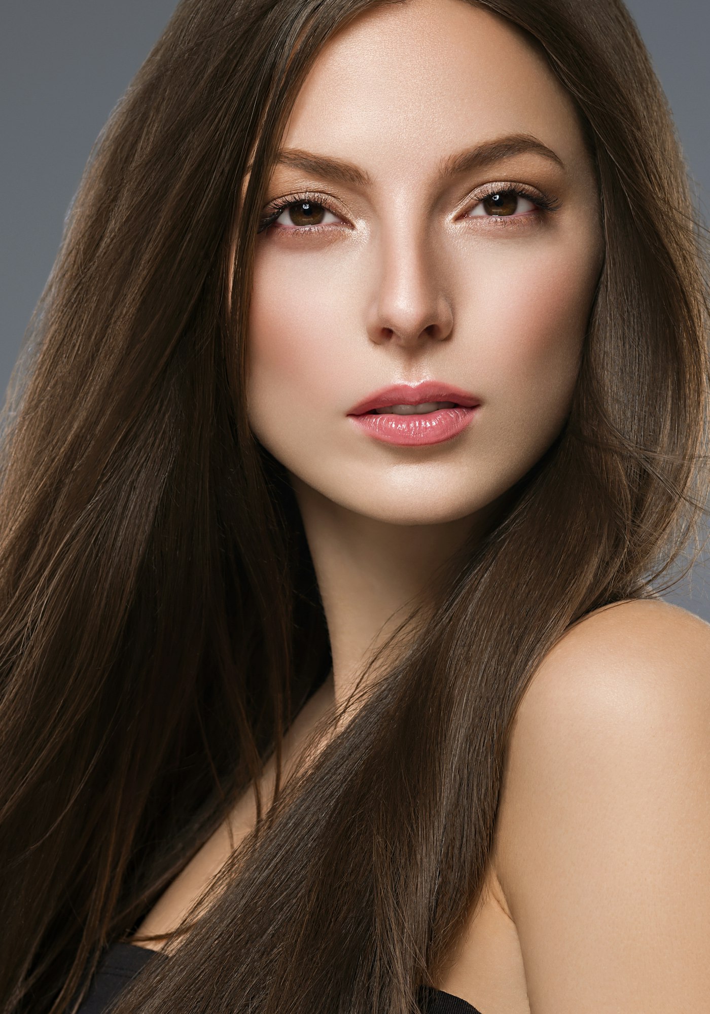Clean skin woman face natural long hair